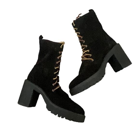 Free People Dylan Black Suede Lace Up Platform Boots Size 9 Chunky Heel NEW - Picture 4 of 7